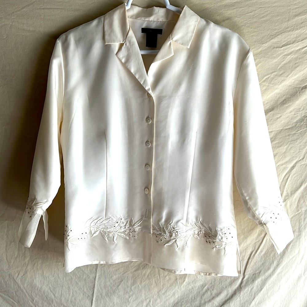 Silklano: White Floral Silk button down long sleeve shirt